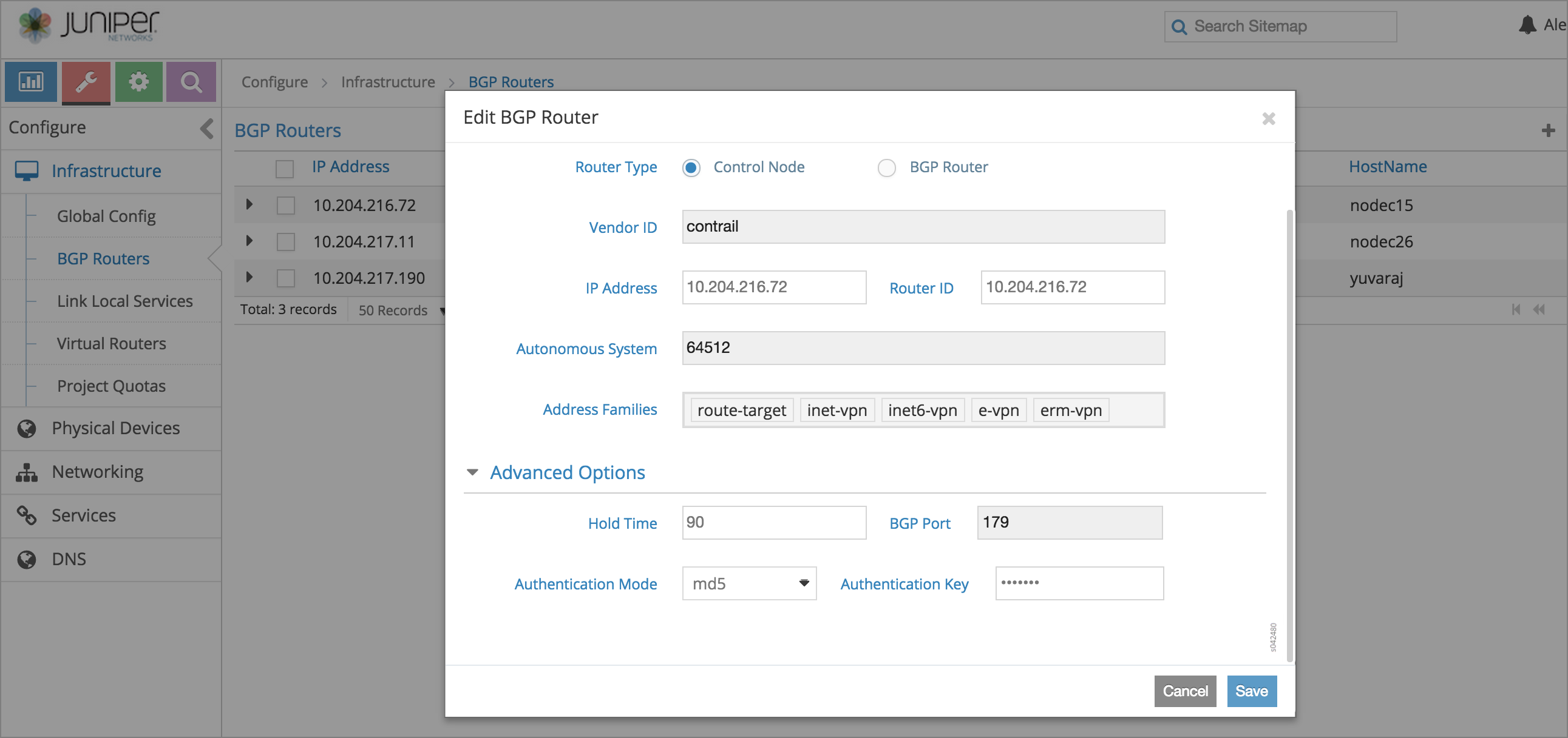 Figure 1: Edit BGP Router Window